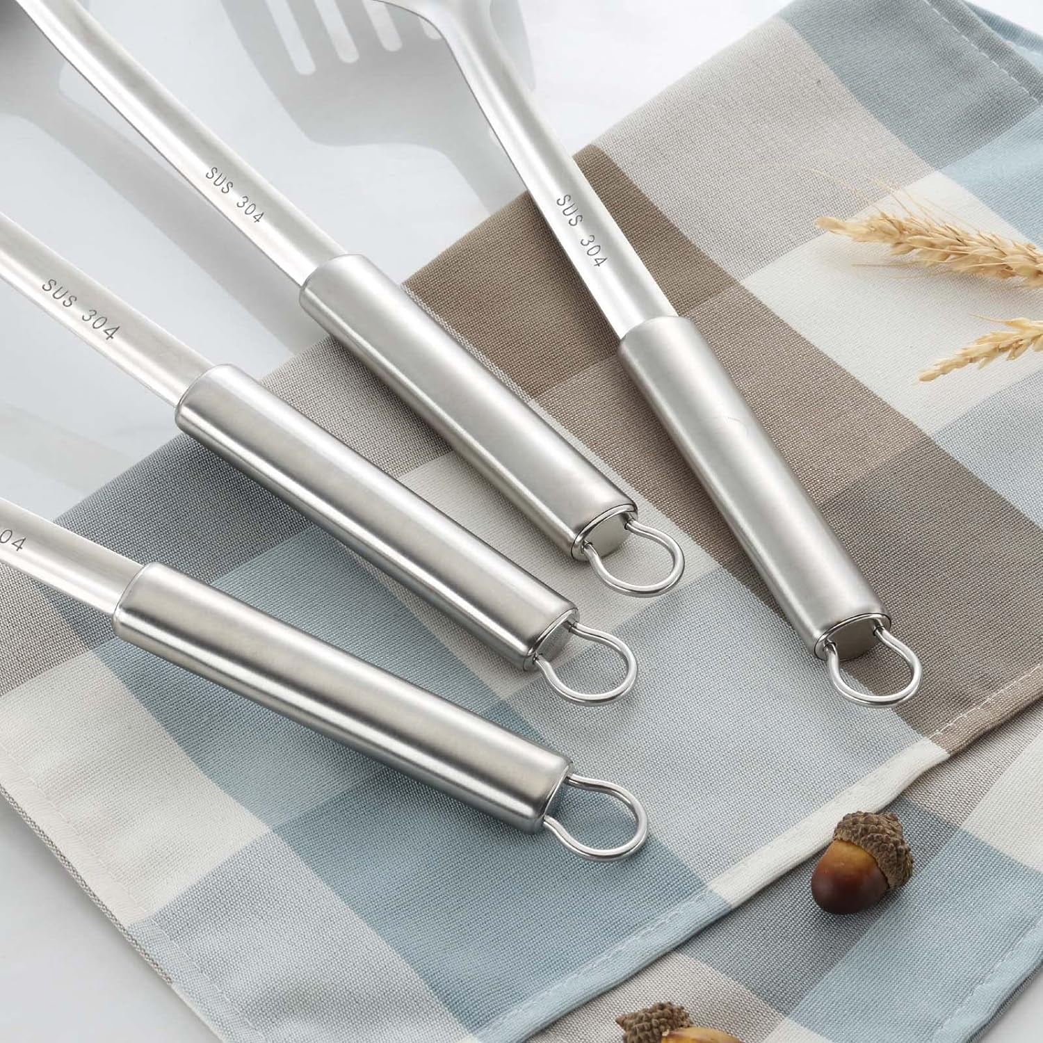 4 Pcs Cooking Utensils Set, 304 Stainless Steel Kitchen Utensils, Include Wok Ladle, Slotted Spoon, Wok Spatula and Slotted Spatula, Dishwasher Safe