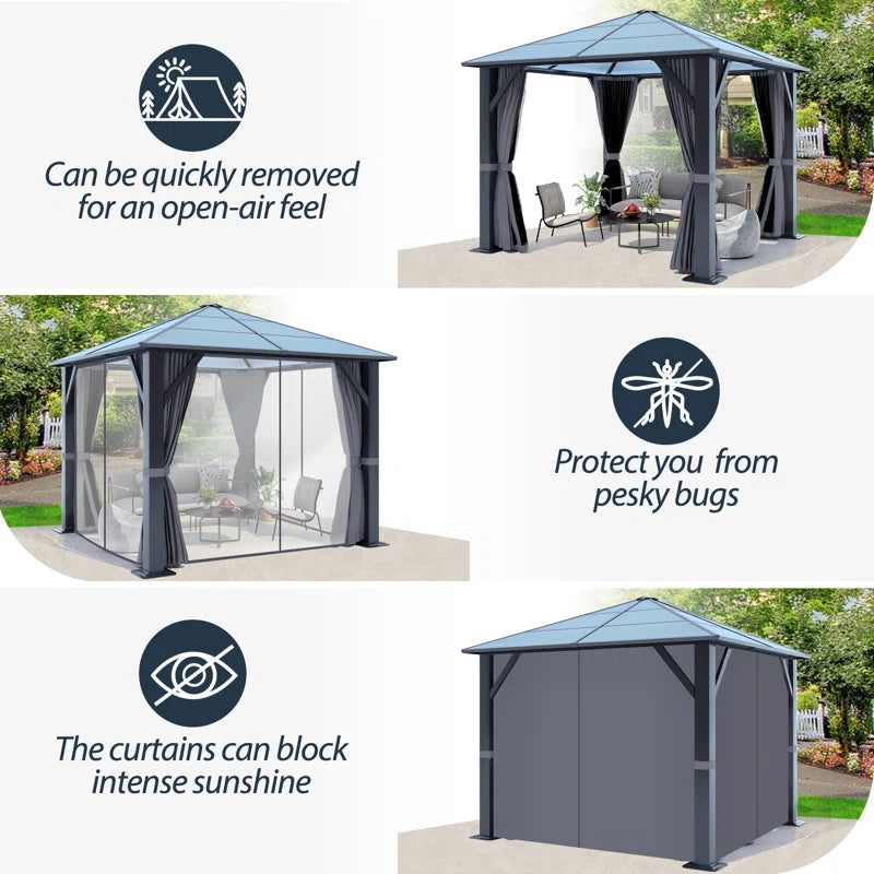 Steel Patio Gazebo - Polycarbonate Hardtop Gazebo with Curtains & Netting
