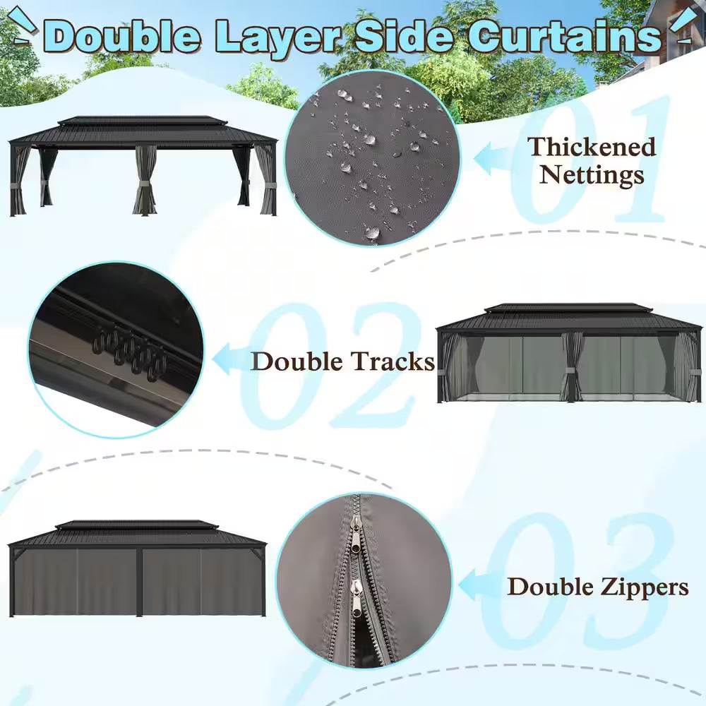24 Ft. W X 14 Ft. D Hardtop Gazebo Aluminum Double Roof Metal Gazebo with Curtain and Netting