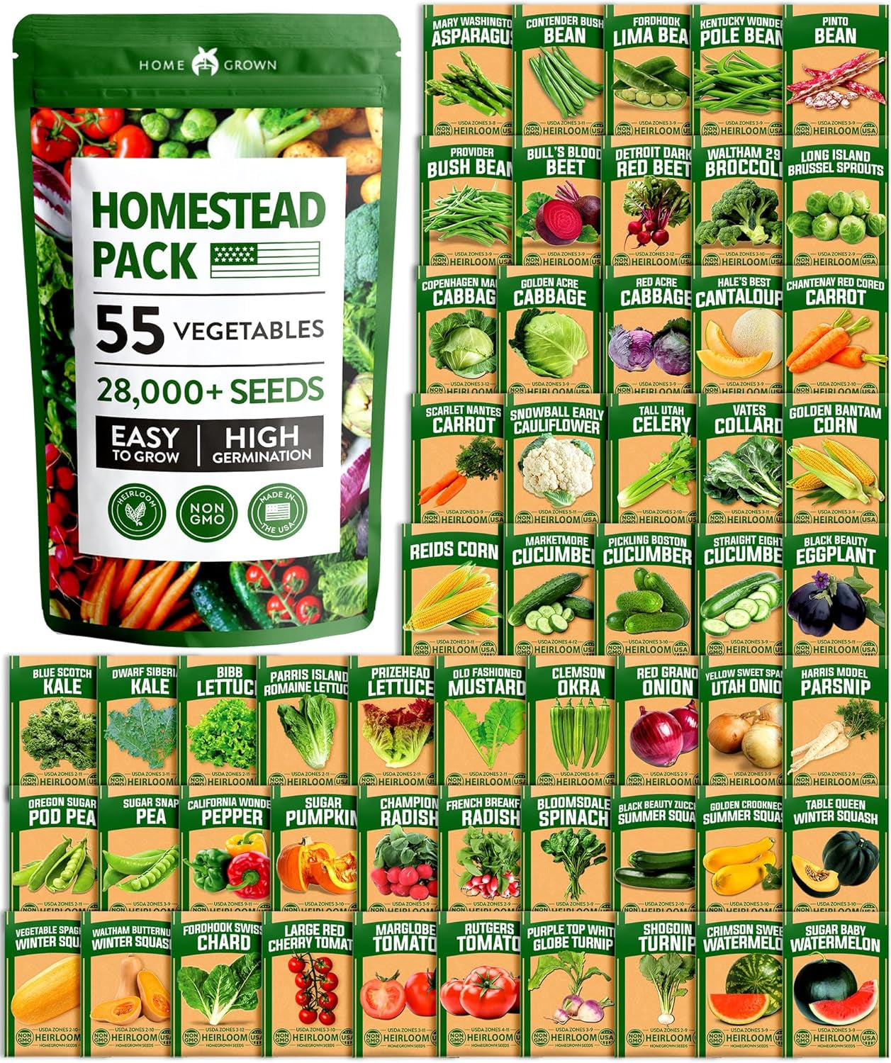 𝗨𝗦𝗔 𝗣𝗥𝗘𝗠𝗜𝗨𝗠 55 Vegetable Seeds Pack 28,000+ Non-Gmo Heirloom Seeds for Planting, Spring Fall Winter Garden Kit, Survival Seed Vault for Preppers & Gardeners, Gift for Men & Women
