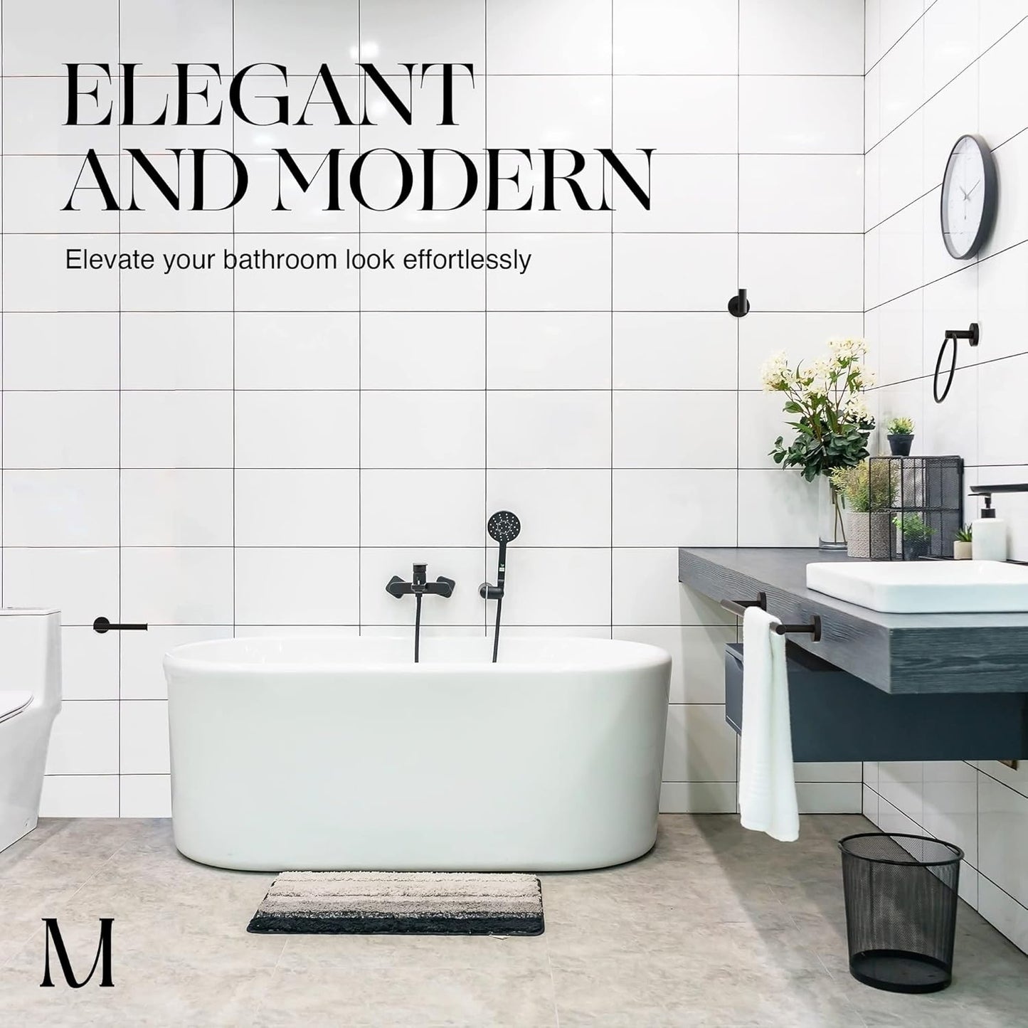 - 4 Piece Matte Black Bathroom Hardware Set - Towel Rack Set, Towel Holder & Wall Mounted Fixtures - Stainless Steel Matte Black Accessories