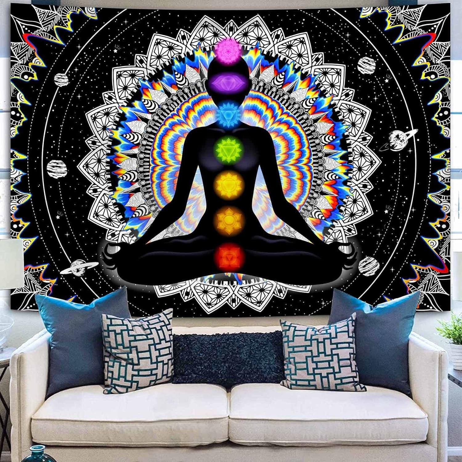 Seven Chakra Tapestry Mandala Tapestry Trippy Black and White Tapestry Celestial Space Tapestry Boho Yoga Meditation Wall Hanging Tapestry for Bedroom Home Decor (H51.2 X W59.1)
