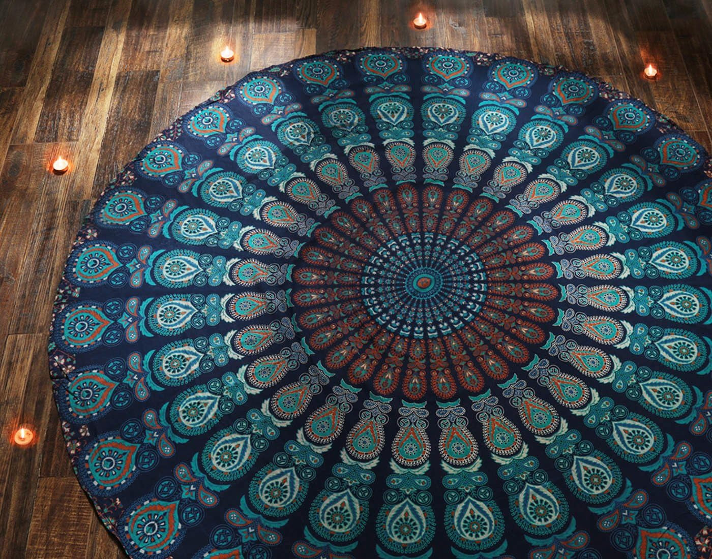 Peacock Hippie Tapestry Roundie 72 Inch Decorative Trippy Tapestries Bohemian Boho Bedding Indian Handmade Pure Cotton Sheet - Blue round Mandala Beach Towel