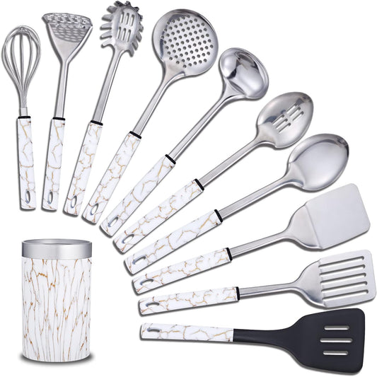 Stainless Steel Kitchen Utensil Set - 11 Cooking Utensils - Nonstick Kitchen Utensils Cookware Set White…