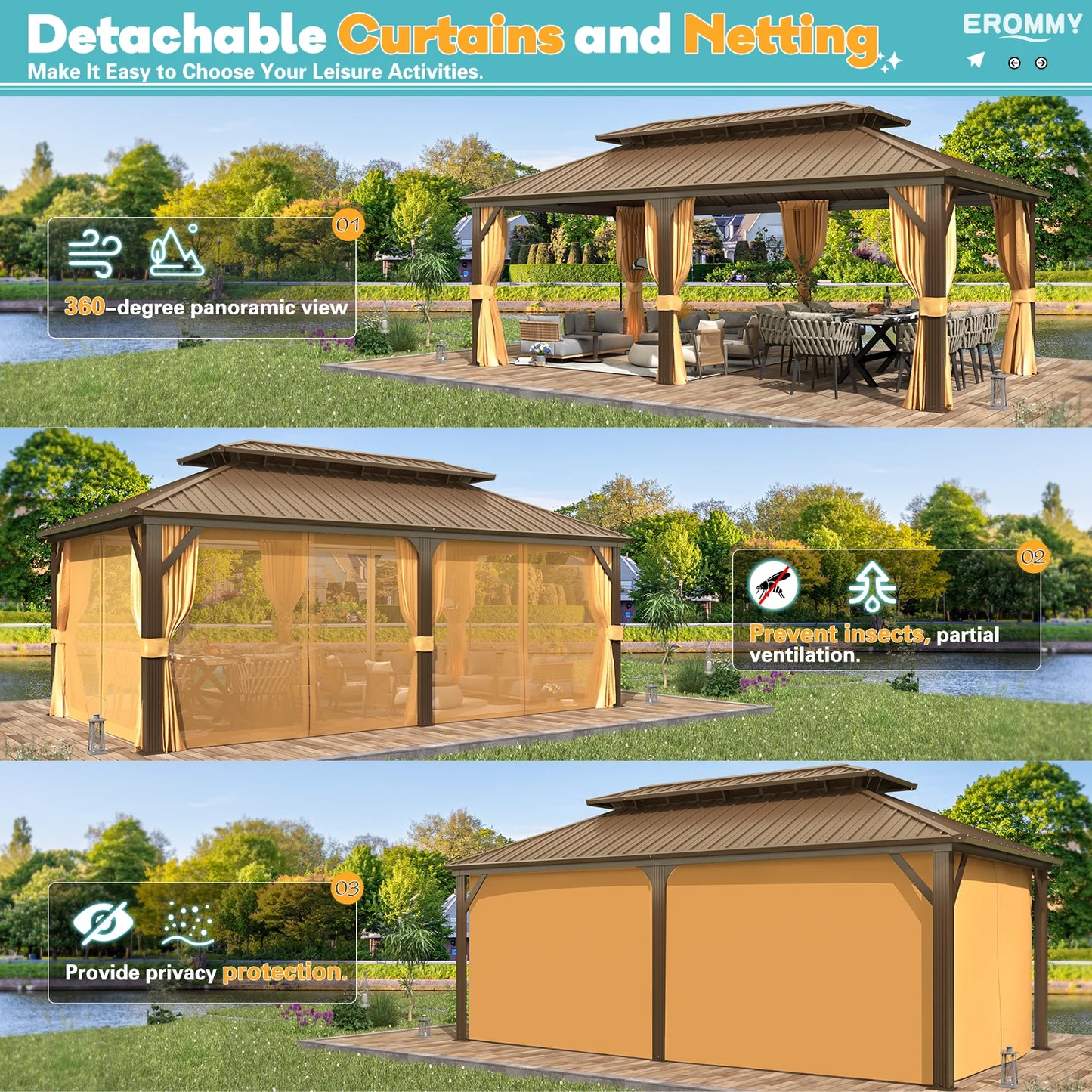12'X20' Gazebo Hardtop, Galvanized Steel Double Roof Metal Gazebo with Aluminum Frame, Permanent Outdoor Pavilion with Curtain and Netting for Patio, Lawn and Garden