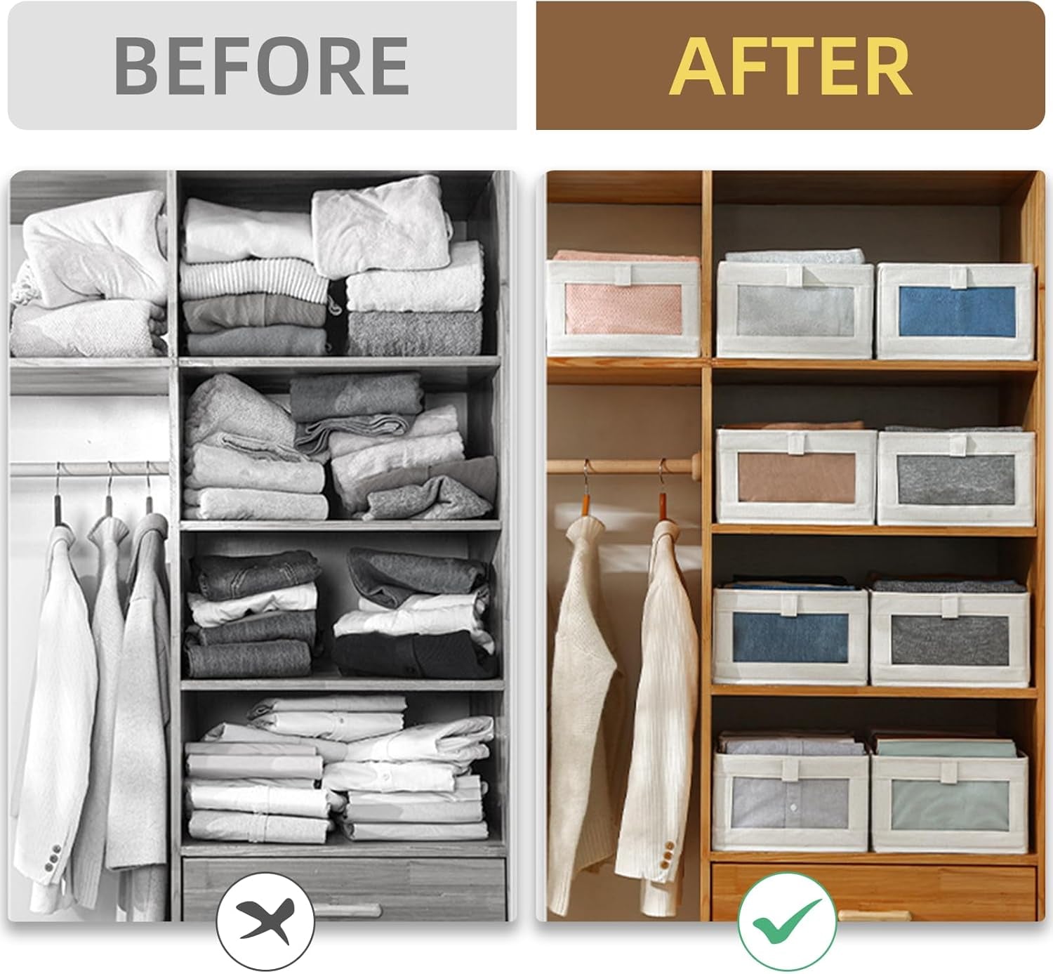 Linen Closet Organizers and Storage, 4 Pack Closet Storage Bins Linen Closet Baskets for Closet Organization Foldable Closet Organizer Bins with Clear Window for Organizing Clothing, Jeans, Shelves