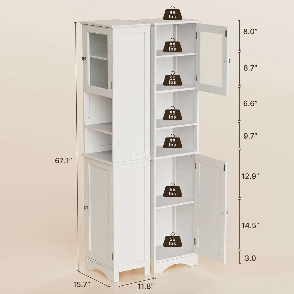 67.1 " Bathroom Storage Cabinet with Adjustable Shelves, Kitchen Pantry with Two-Way Doors for Bathroom and Kitchen, Freestanding - White