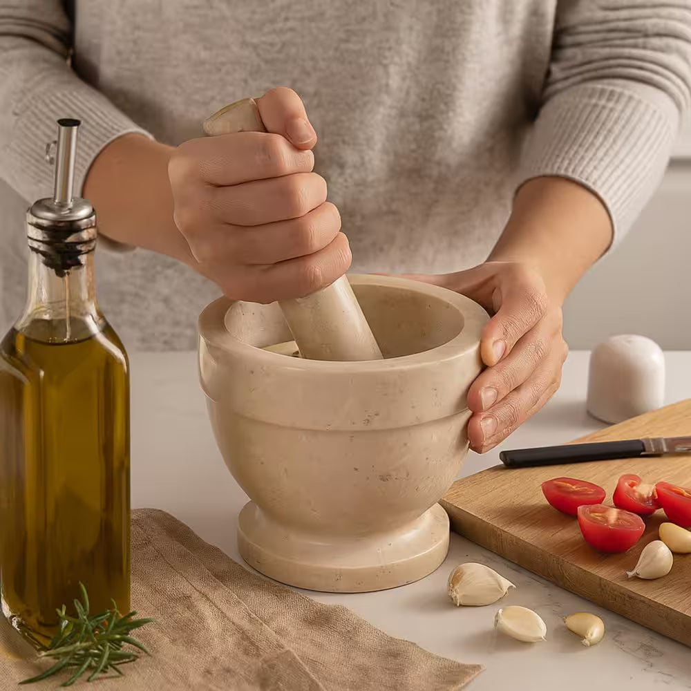5.9 In. Dia X 5.9 In. H Natural Champagne Marble Mortar and Pestle Set with Spice Grinder
