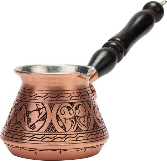 2Mm Thickest Copper Turkish Greek Arabic Coffee Pot Engraved Stovetop Coffee Maker Cezve Ibrik Briki with Wooden Handle & Spoon, for 3 People (Matte Copper)