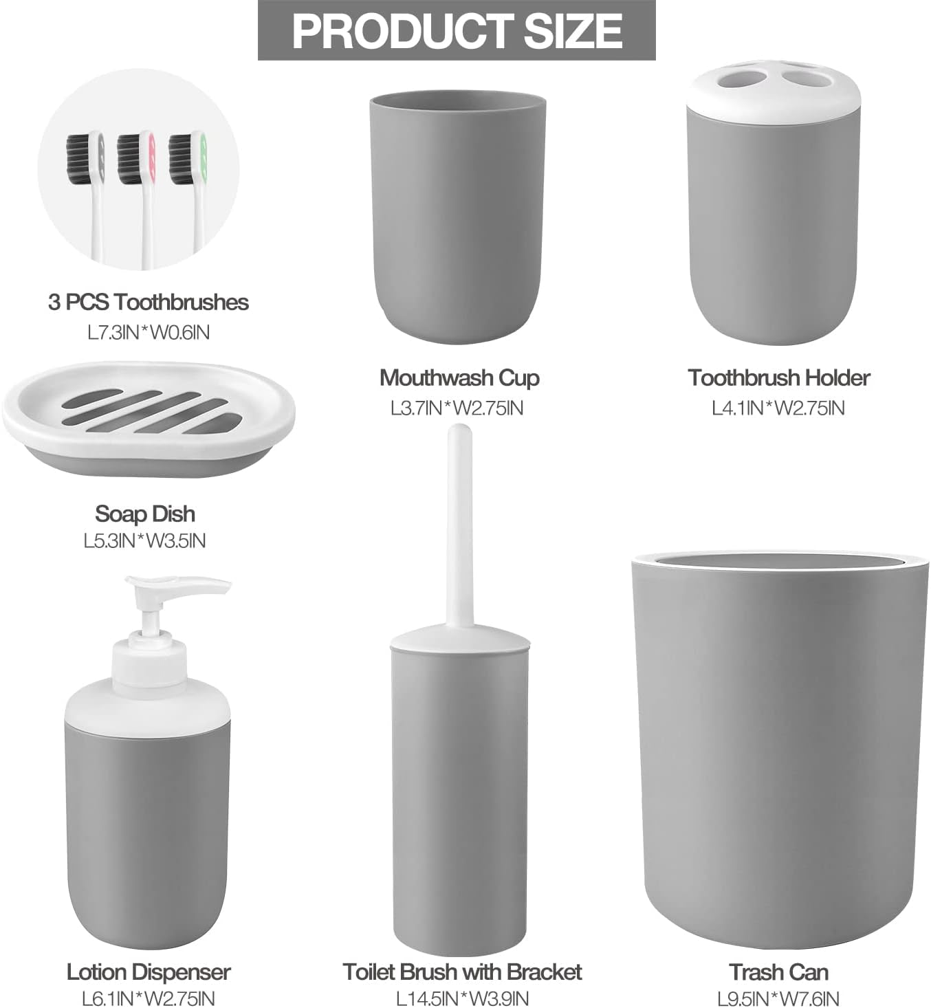 7 Pcs Bathroom Accessories Sets, Plastic Gift Set Includes Toothbrush Cup, Toothbrush Holder, Soap Dispenser, Soap Dish, Toilet Brush with Holder, Trash Can, with 3 Pcs Toothbrushes (Grey)