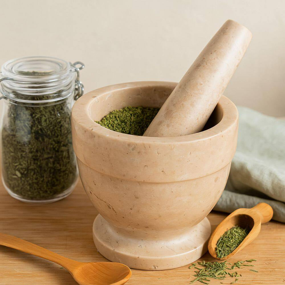5.9 In. Dia X 5.9 In. H Natural Champagne Marble Mortar and Pestle Set with Spice Grinder