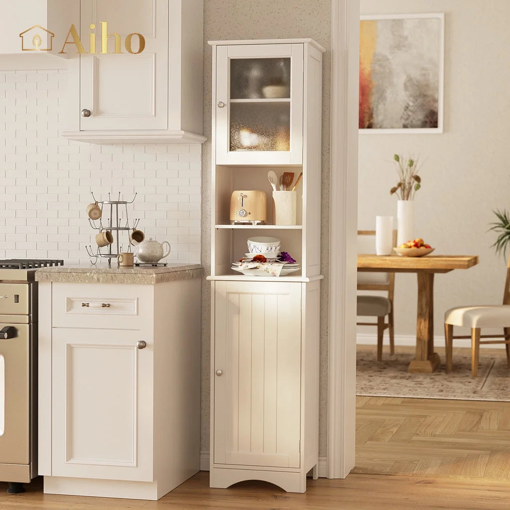 67.1 " Bathroom Storage Cabinet with Adjustable Shelves, Kitchen Pantry with Two-Way Doors for Bathroom and Kitchen, Freestanding - White