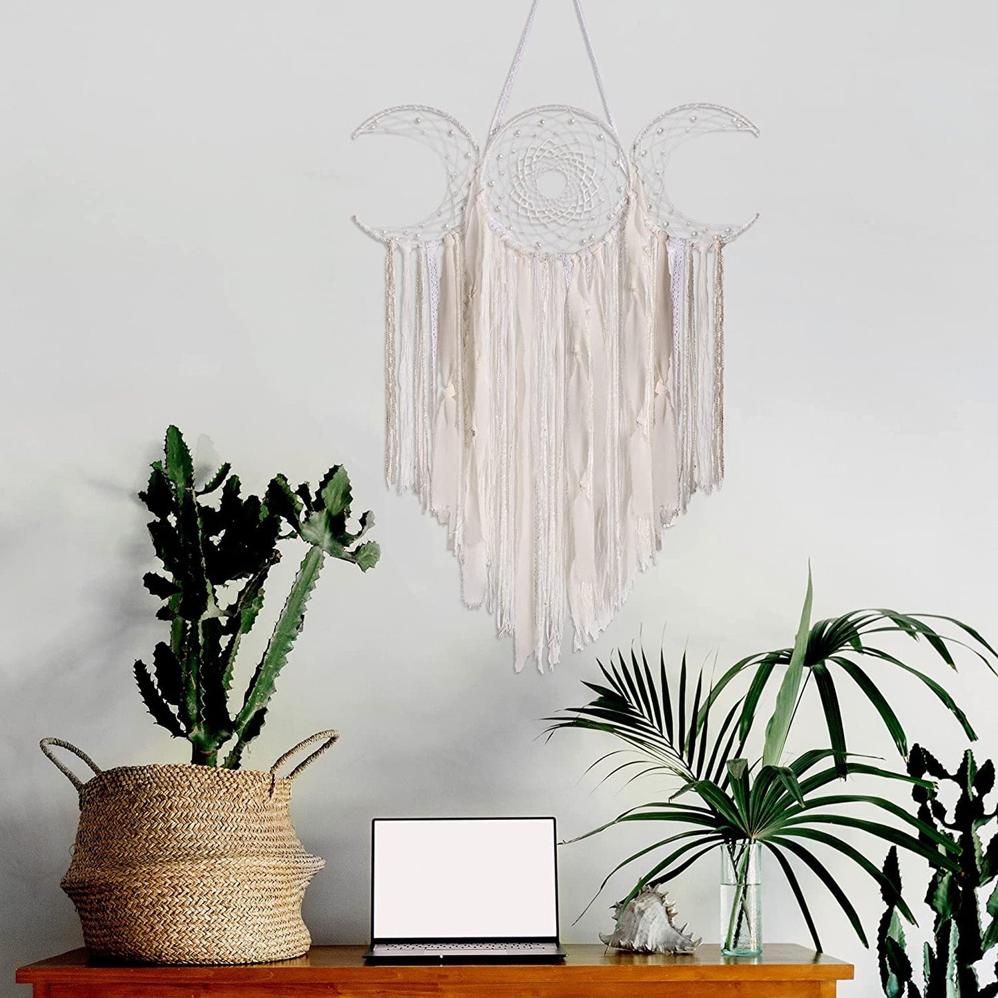 White Triple Moon Goddess Macrame Wall Hanging, Boho Crescent Dream Catcher, Bohemian Dreamcatcher for Women Bedroom, Woven Tapestry-Witchcraft Gift, Pagan Decor for Adults Decoration