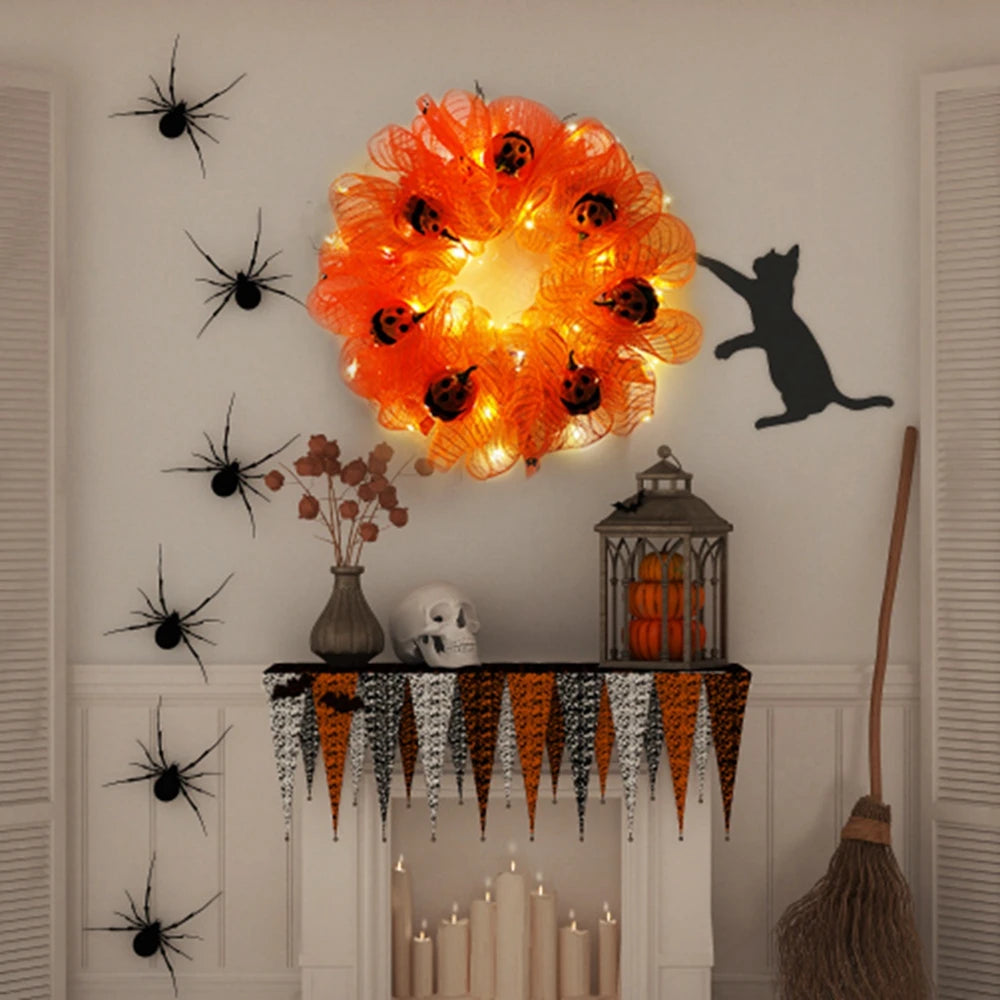 45Cm Halloween Door Wreath Artificial Autumn Wreath Orange Pumpkin Wreath Mesh Fabric Garland for Home Decor Indoor Outdoor
