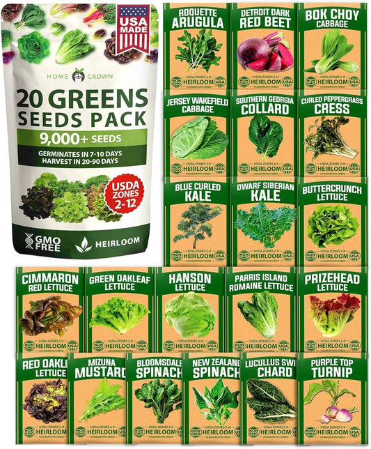 9,000+ Lettuce Seeds – 20 Heirloom Varieties, 𝗡𝗢𝗡-𝗚𝗠𝗢 𝗨𝗦𝗔 – Kale, Spinach, Romaine, Butterhead & More – Indoor or Outdoor Planting, Hydroponic-Ready, High Germination Greens