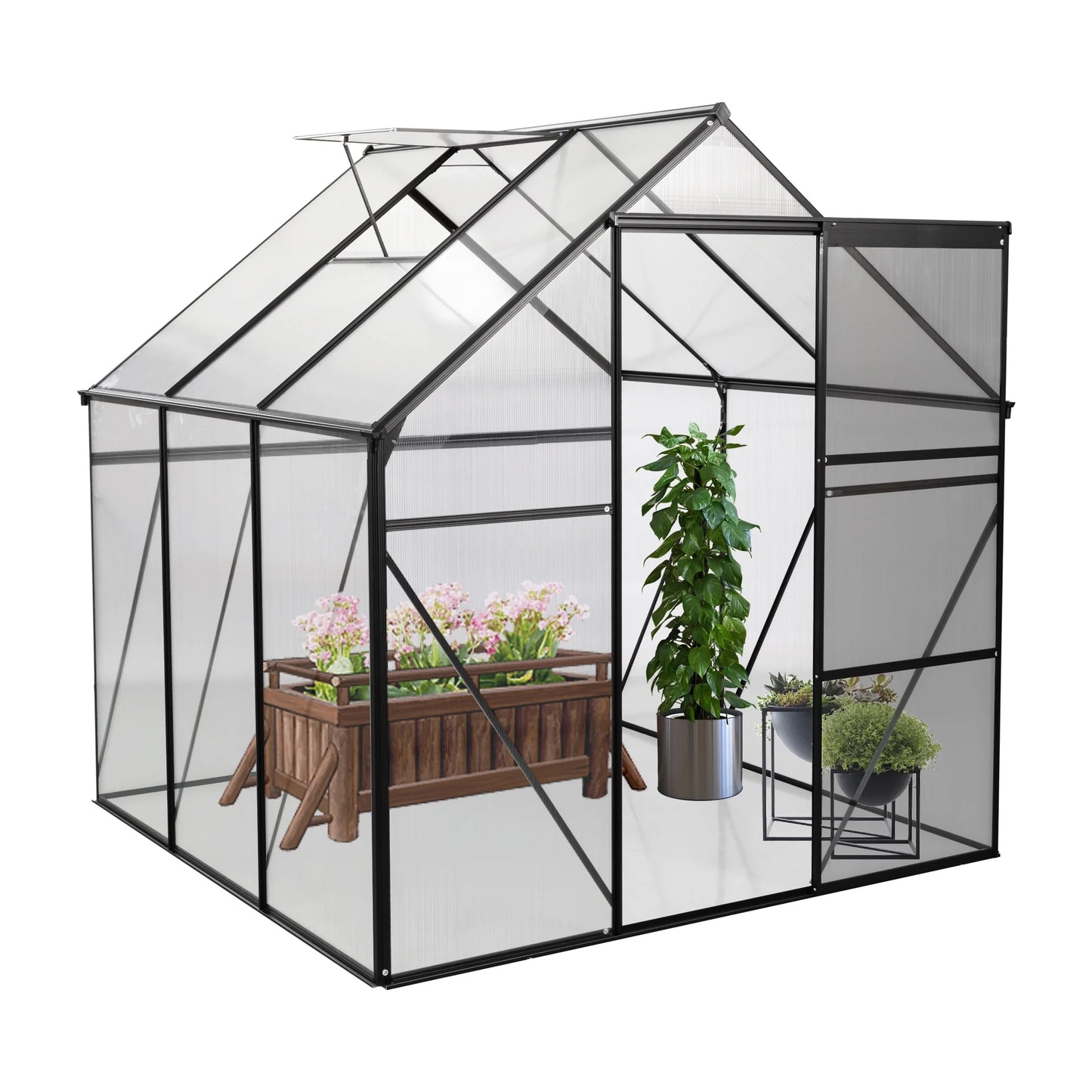 Walk in Greenhouse, Garden Greenhouse for Outdoors, Polycarbonate Plant Greenhouse with Slide Door, Anchor and Adjustable Roof Vent, 6X6Ft