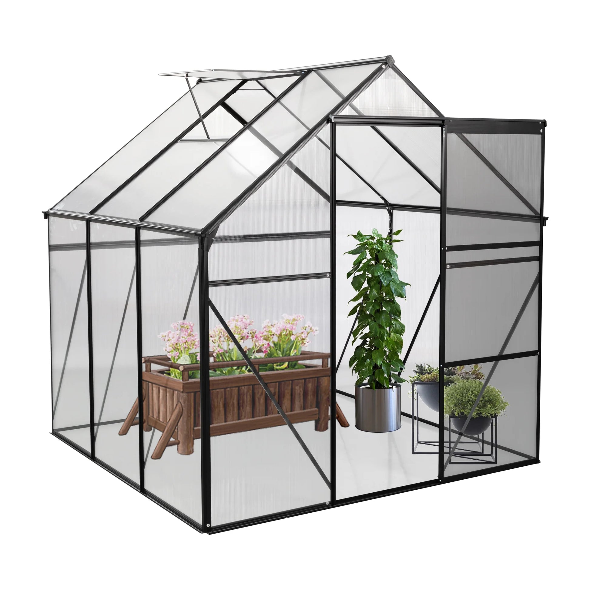 Walk in Greenhouse, Garden Greenhouse for Outdoors, Polycarbonate Plant Greenhouse with Slide Door, Anchor and Adjustable Roof Vent, 6X6Ft