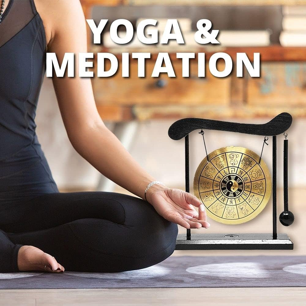 Chinese Gong - Mini Zen Art Brass Feng Shui Desktop Gong with Stand - Asian Bell for Home Decoration Chau