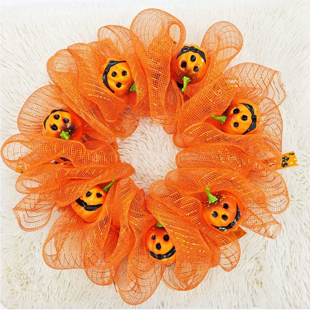 45Cm Halloween Door Wreath Artificial Autumn Wreath Orange Pumpkin Wreath Mesh Fabric Garland for Home Decor Indoor Outdoor