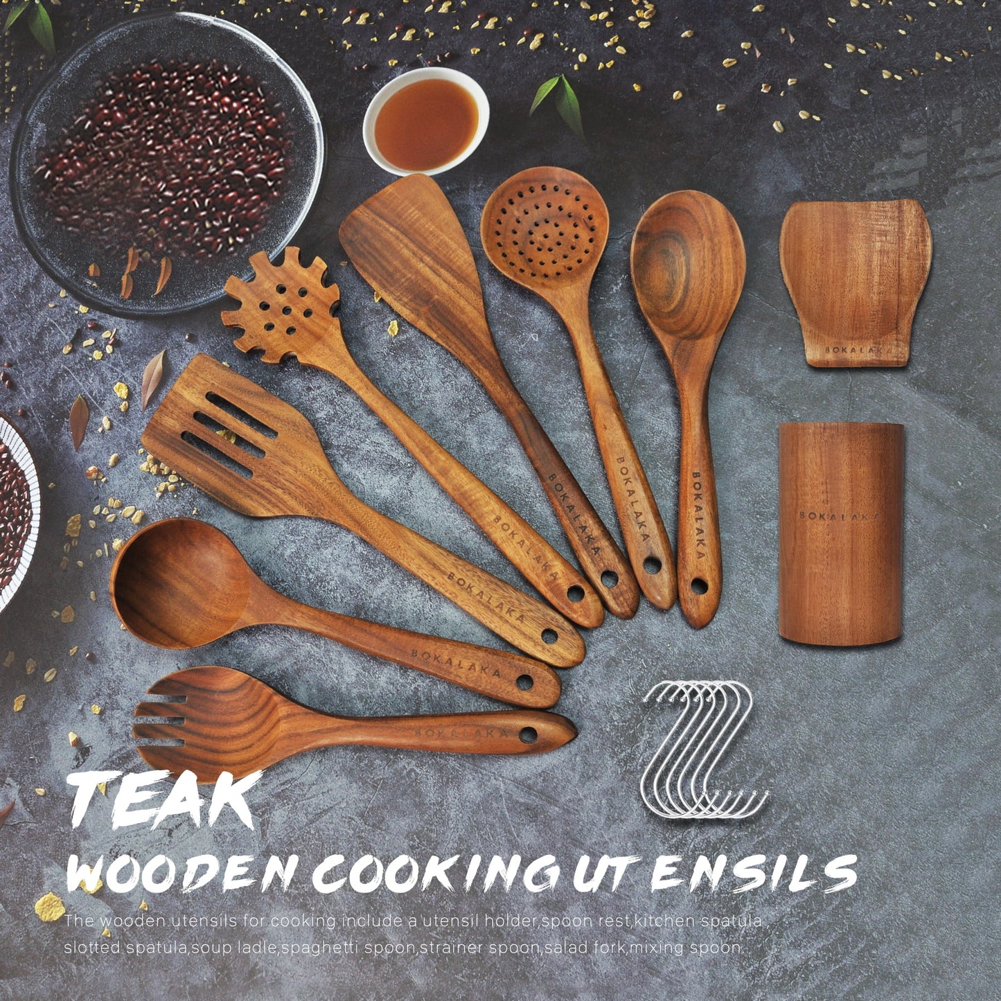 9-Piece Wooden Spoons for Cooking-Comfort-Grip Wooden Utensils for Cooking-Smooth Finish Wooden Cooking Utensils with Utensils Holder-Wooden Kitchen Utensil Set with Spoon Rest & Hooks
