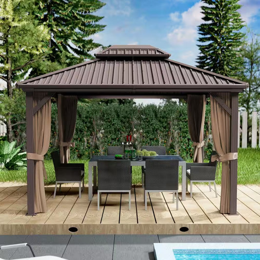 Caesar 10 Ft. D X 9 Ft. H X 12 Ft. W Aluminum Hardtop Gazebo with Galvanized Steel Roof, Mosquito Net & Privacy Curtain
