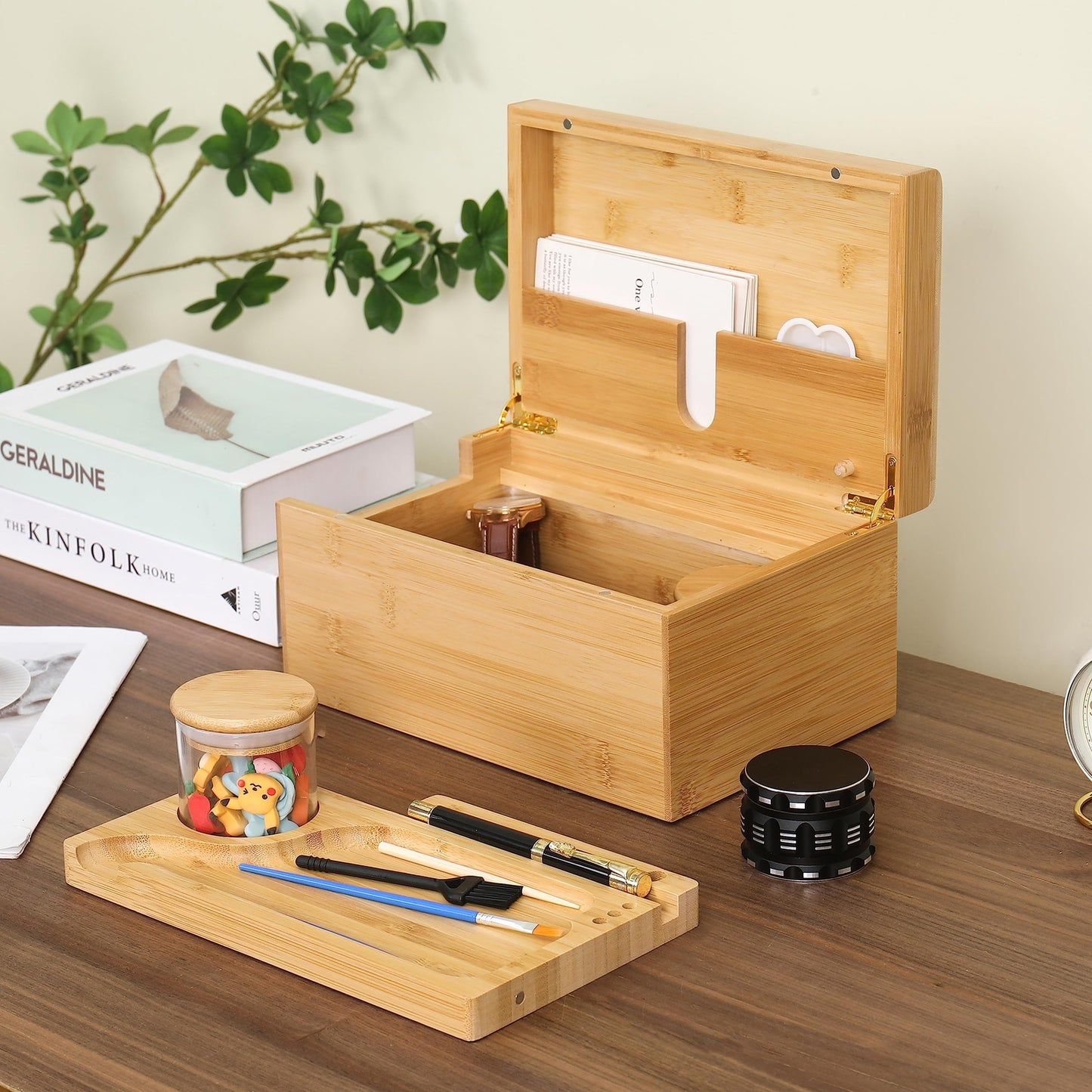 Large Wooden Box Bamboo Storage with Rolling Tray Container Airtight Jars