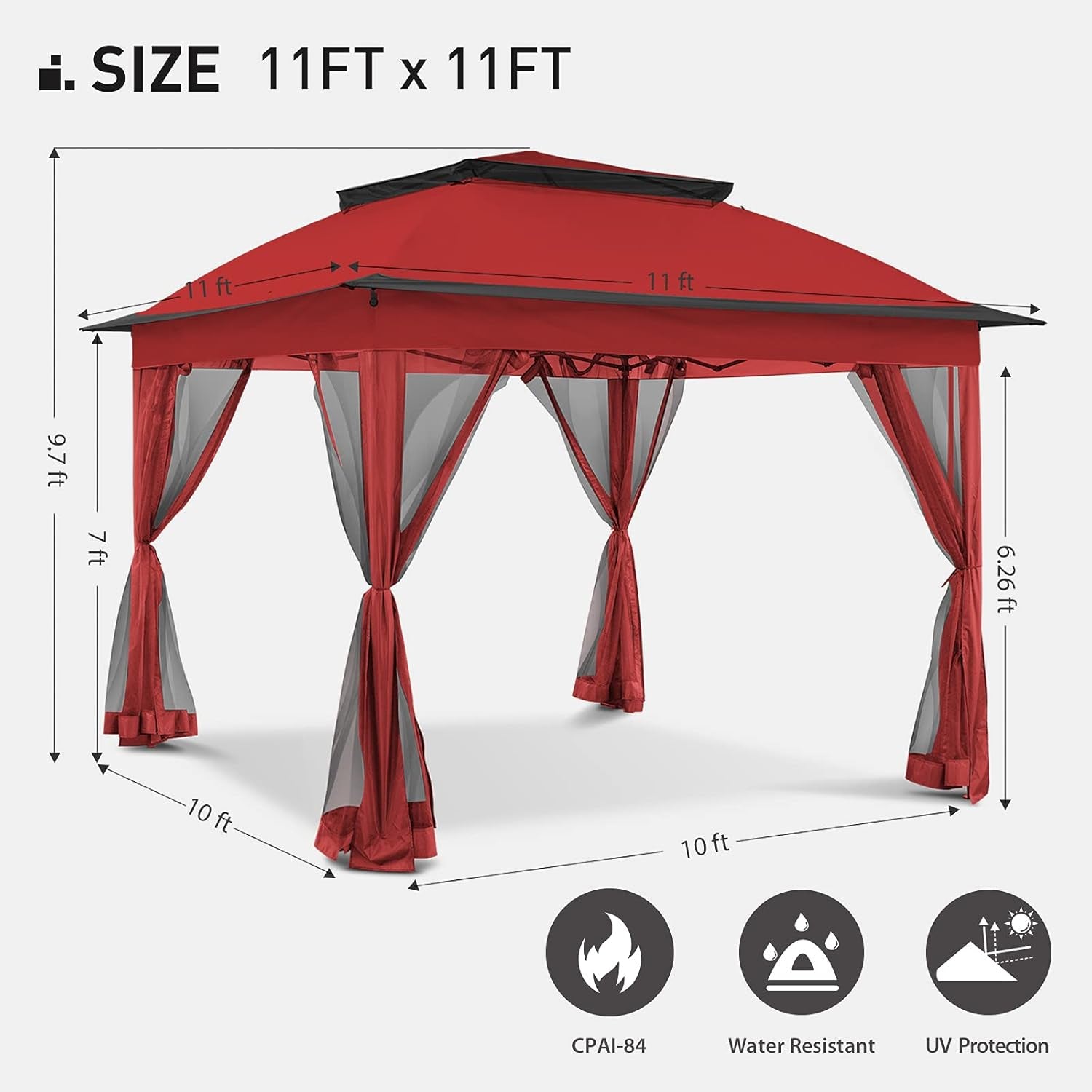 11'X11' Pop up Gazebo for Patios Gazebo Canopy Tent with Sidewalls Outdoor Gazebo with Mosquito Netting Pop up Canopy Shelter Wedding Tent (Red)
