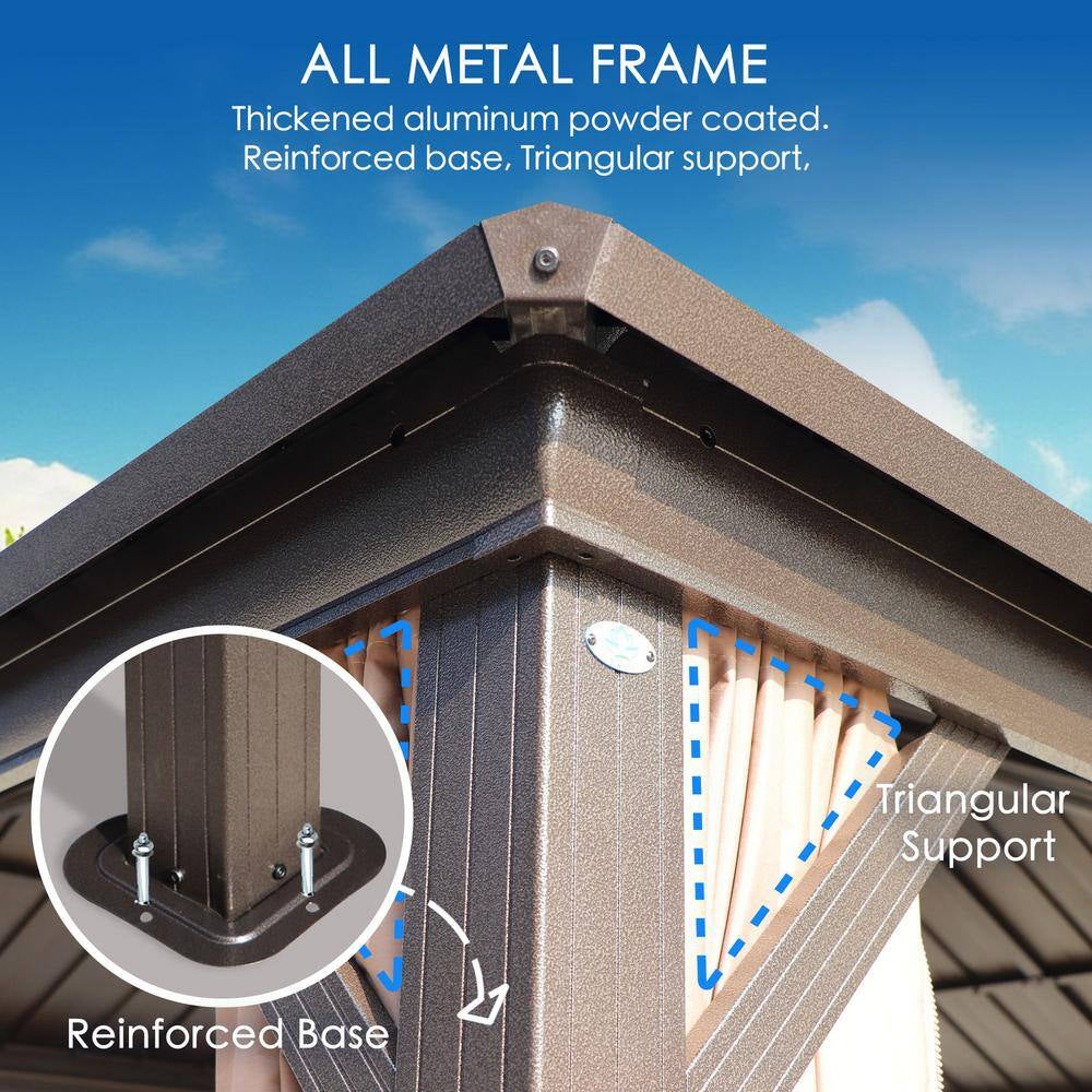 Caesar 10 Ft. D X 9 Ft. H X 12 Ft. W Aluminum Hardtop Gazebo with Galvanized Steel Roof, Mosquito Net & Privacy Curtain
