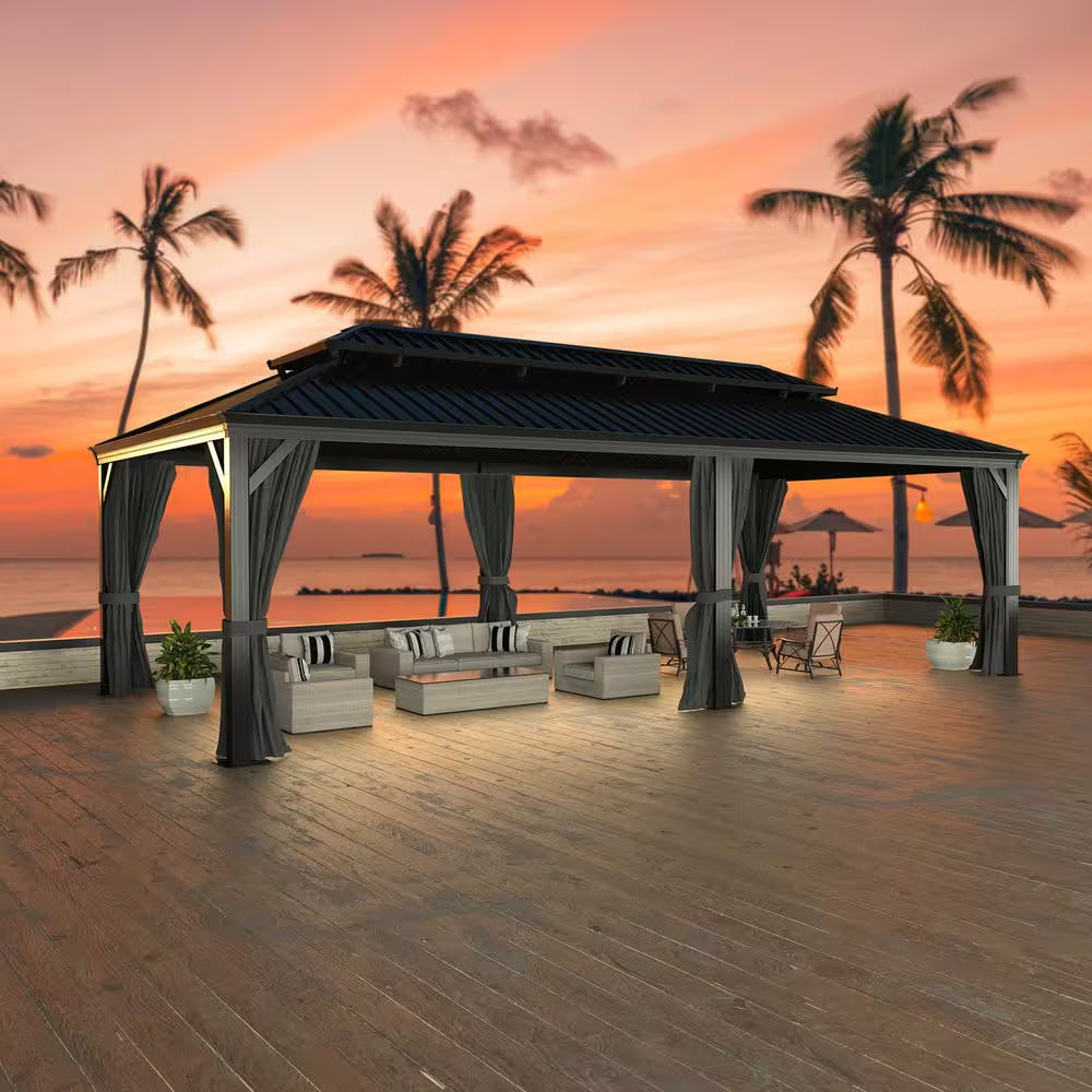 24 Ft. W X 14 Ft. D Hardtop Gazebo Aluminum Double Roof Metal Gazebo with Curtain and Netting