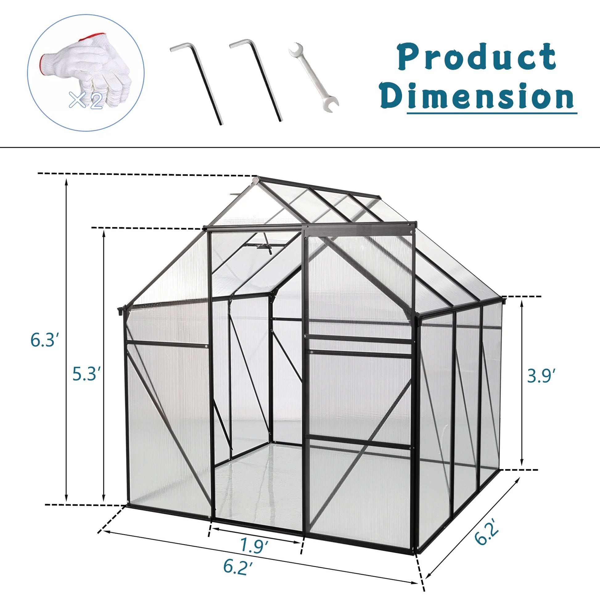 Walk in Greenhouse, Garden Greenhouse for Outdoors, Polycarbonate Plant Greenhouse with Slide Door, Anchor and Adjustable Roof Vent, 6X6Ft