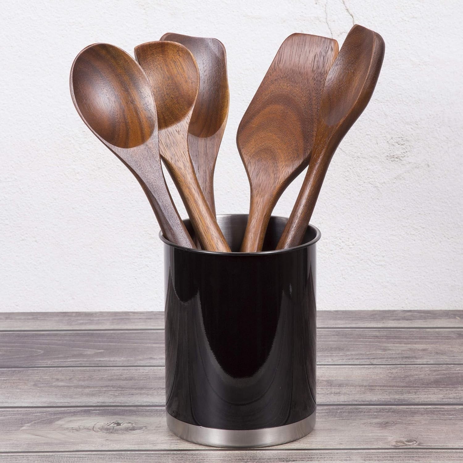 Stainless Steel Utensil Holder– 6.3" Large Cooking Tool Organizer for Kitchen Decor and Countertop Storage, Stable Anti-Tip Design, Durable Powder-Coated Finish, Black