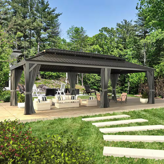 24 Ft. W X 14 Ft. D Hardtop Gazebo Aluminum Double Roof Metal Gazebo with Curtain and Netting