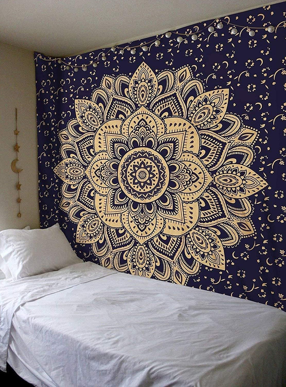 Rajsee Blue Gold Mandala Tapestry - Bedroom Aesthetic - Indie Boho Trippy Large Wall Hanging - 82X92 Inches