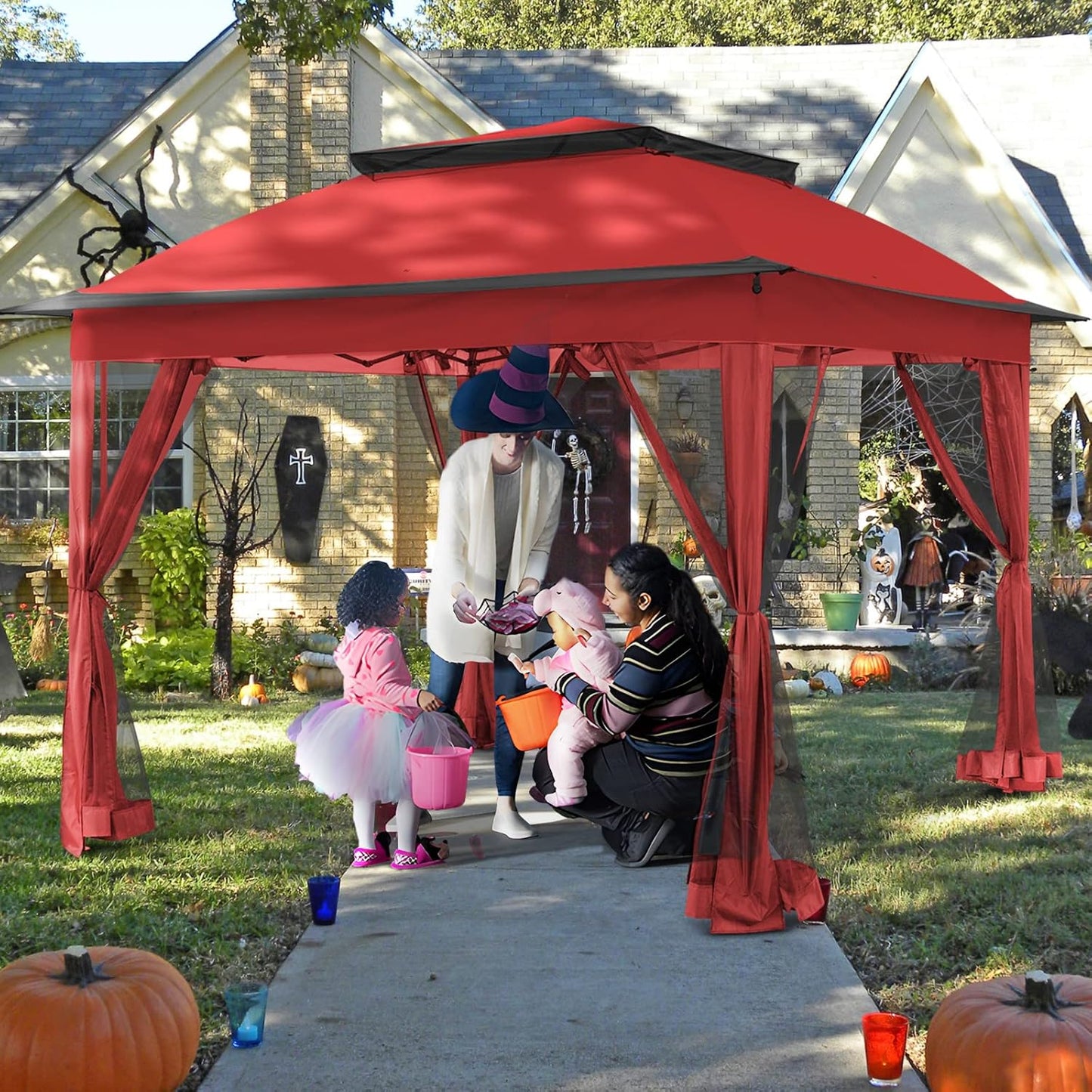 11'X11' Pop up Gazebo for Patios Gazebo Canopy Tent with Sidewalls Outdoor Gazebo with Mosquito Netting Pop up Canopy Shelter Wedding Tent (Red)