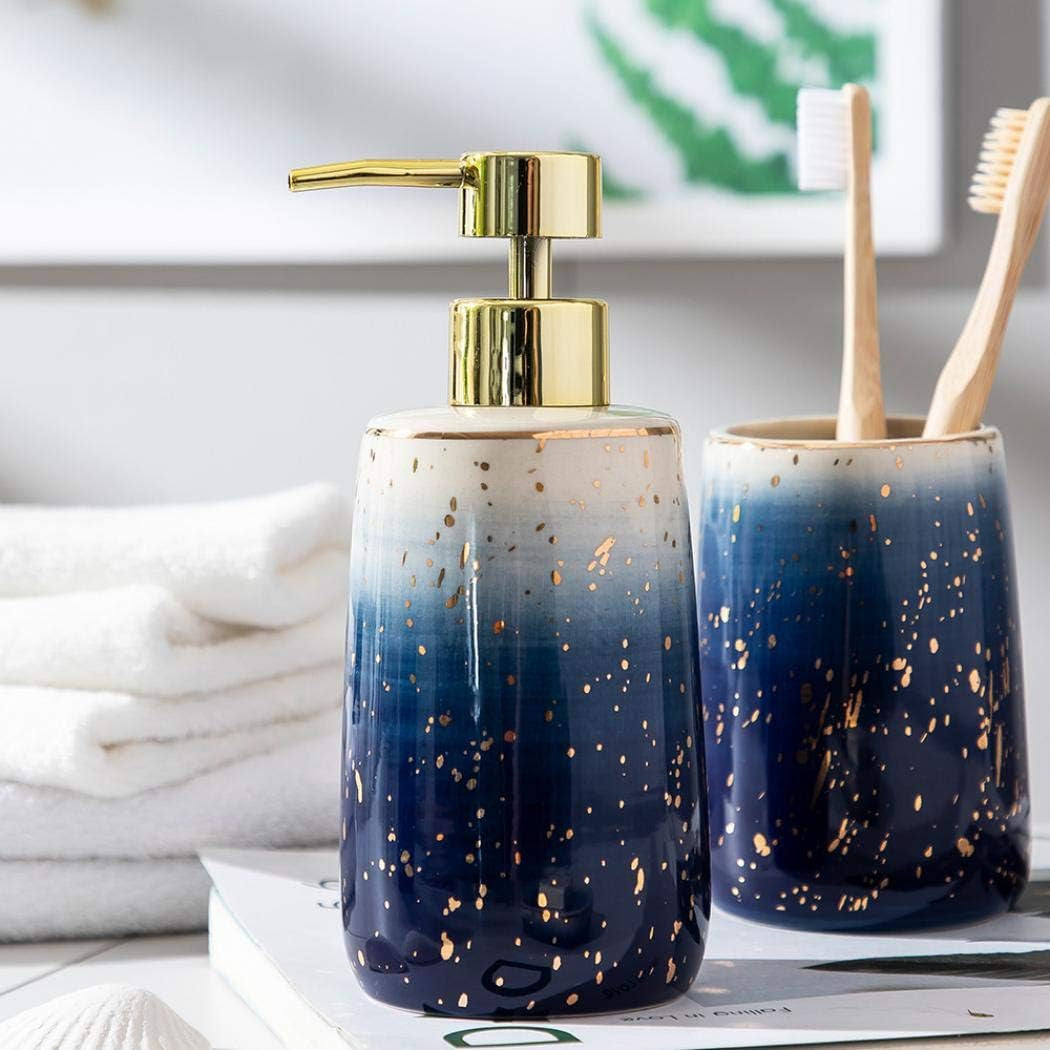 Bathroom Accessories Set,4 Pcs Marble Pattern Bathroom Sets Accessories with Soap Dispenser, Toothbrush Holder, Bathroom Tumbler, Soap Dish for Birthday Gift, Housewarming Gift, Home Decoration (H)