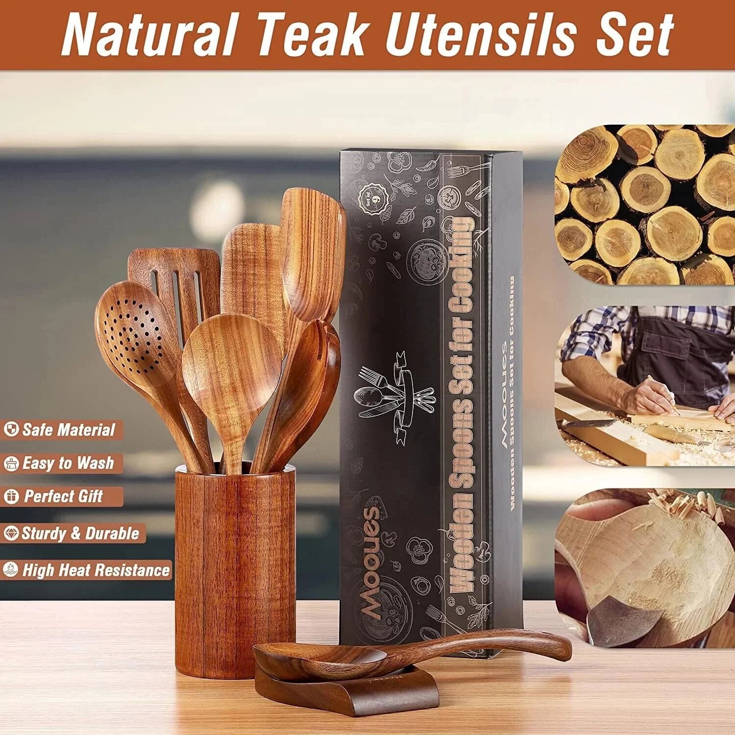 Wooden Spoons for Cooking with Wide Utensil Heads, 9 PCS Teak Wooden Utensils Set for Cooking, Spatula,Turner, Wood Spoon Set for Kitchen Essentials, Non-Stick Cookware, Heat Resistant