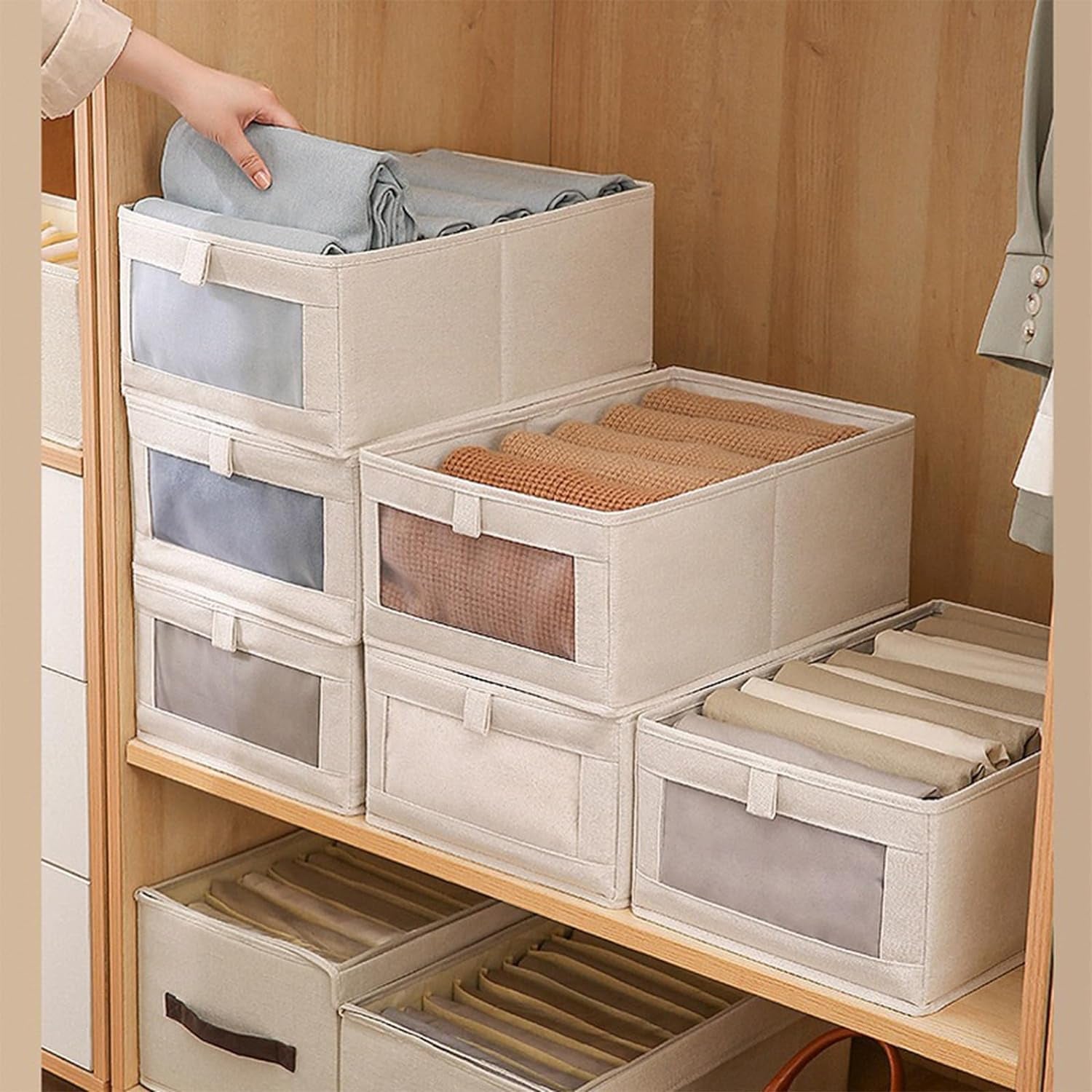 Linen Closet Organizers and Storage, 4 Pack Closet Storage Bins Linen Closet Baskets for Closet Organization Foldable Closet Organizer Bins with Clear Window for Organizing Clothing, Jeans, Shelves