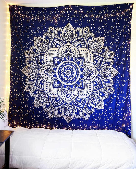 Rajsee Blue Gold Mandala Tapestry - Bedroom Aesthetic - Indie Boho Trippy Large Wall Hanging - 82X92 Inches