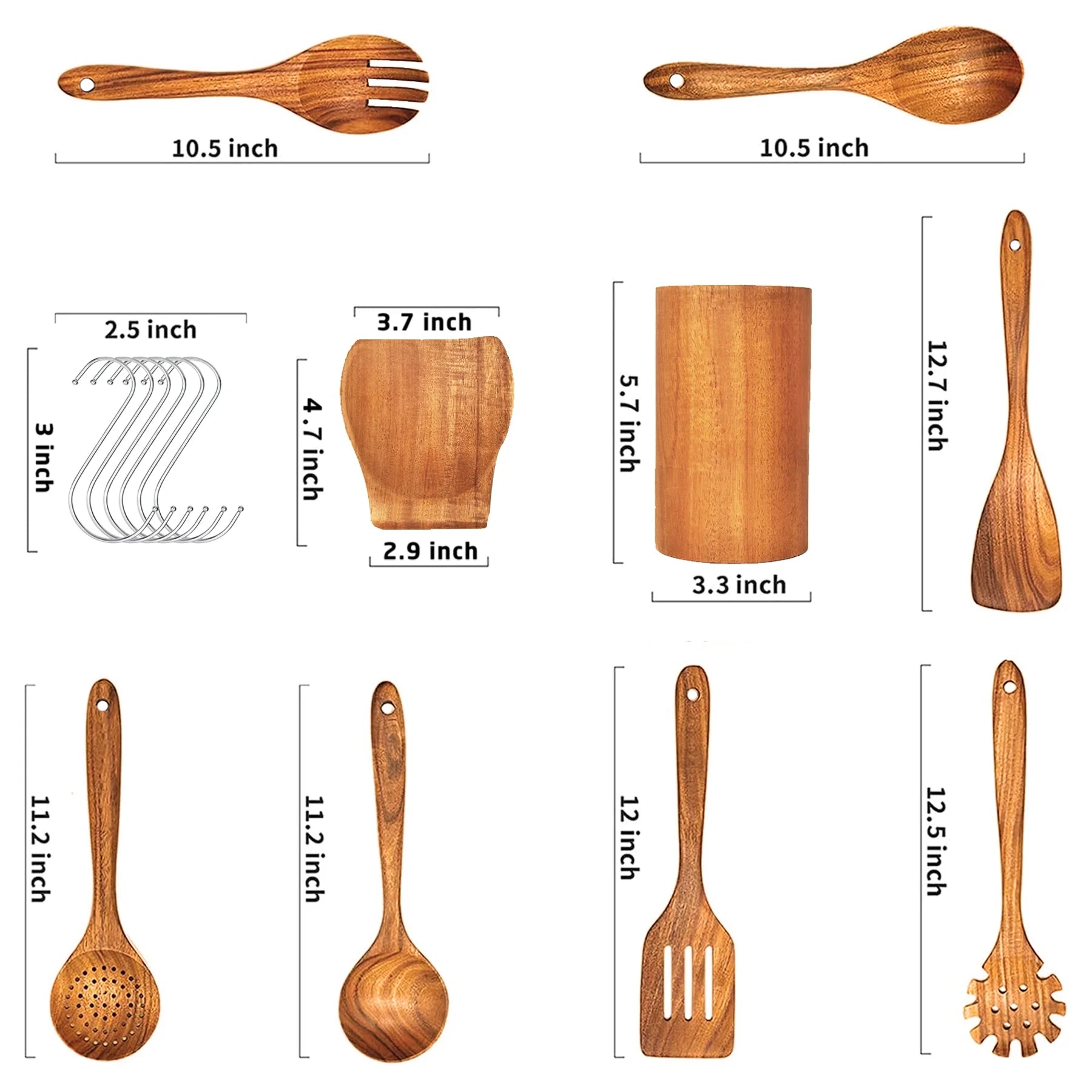 9-Piece Wooden Spoons for Cooking-Comfort-Grip Wooden Utensils for Cooking-Smooth Finish Wooden Cooking Utensils with Utensils Holder-Wooden Kitchen Utensil Set with Spoon Rest & Hooks