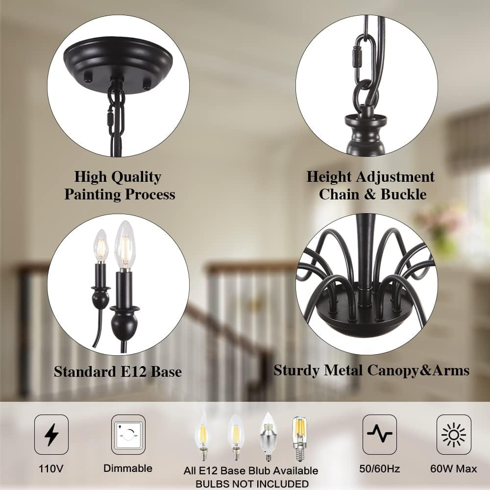 Black Farmhouse Chandeliers for Dining Room Light Fixture, Rustic Metal Traditional Candle Chandelier for Bedroom Kitchen Living Room Entryway Foyer Farmhouse Light Fixtures Ceiling Hanging