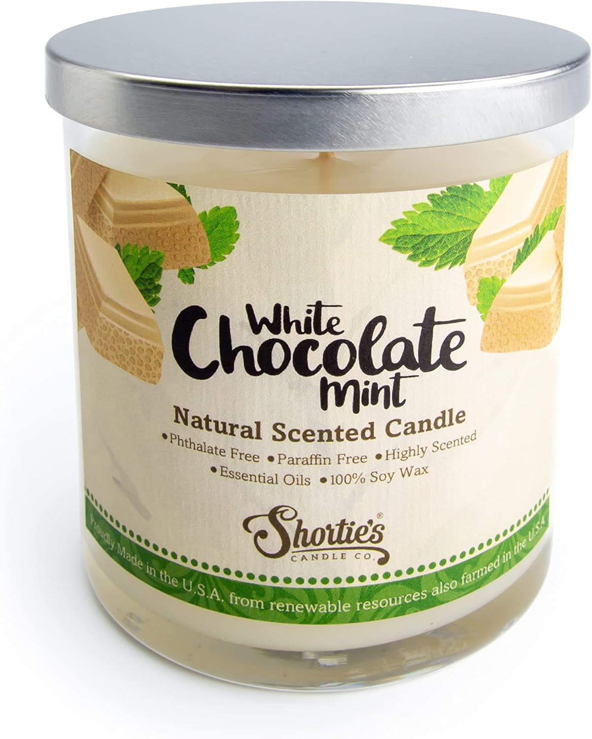 White Chocolate Mint Scented Natural Soy Candle, Essential Fragrance Oils, 100% Soy, Phthalate & Paraben Free, Clean Burning, 9 Oz.