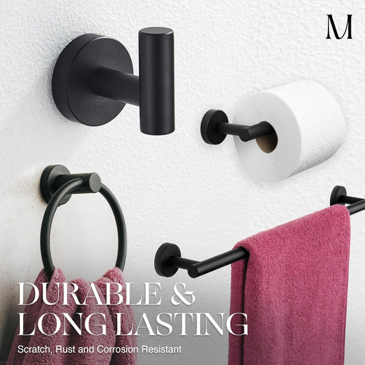 - 4 Piece Matte Black Bathroom Hardware Set - Towel Rack Set, Towel Holder & Wall Mounted Fixtures - Stainless Steel Matte Black Accessories