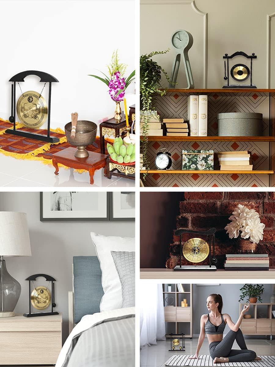 Chinese Gong - Mini Zen Art Brass Feng Shui Desktop Gong with Stand - Asian Bell for Home Decoration Chau