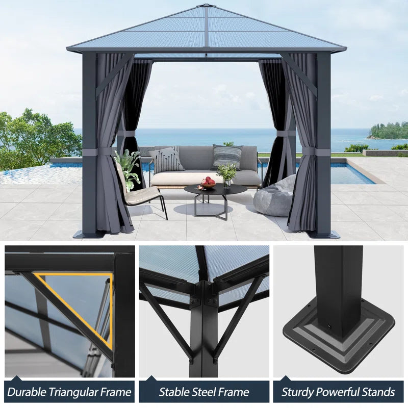 Steel Patio Gazebo - Polycarbonate Hardtop Gazebo with Curtains & Netting