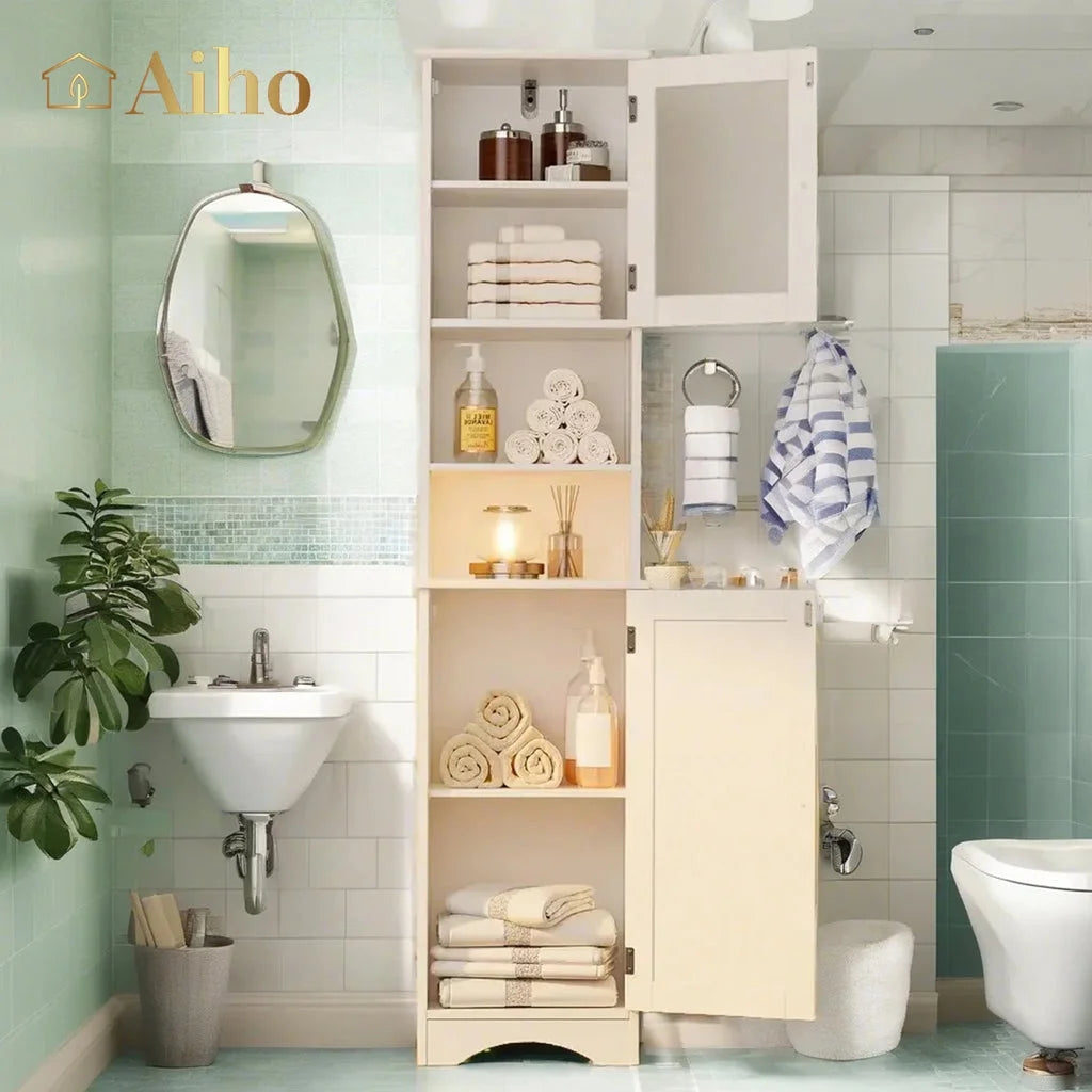 67.1 " Bathroom Storage Cabinet with Adjustable Shelves, Kitchen Pantry with Two-Way Doors for Bathroom and Kitchen, Freestanding - White