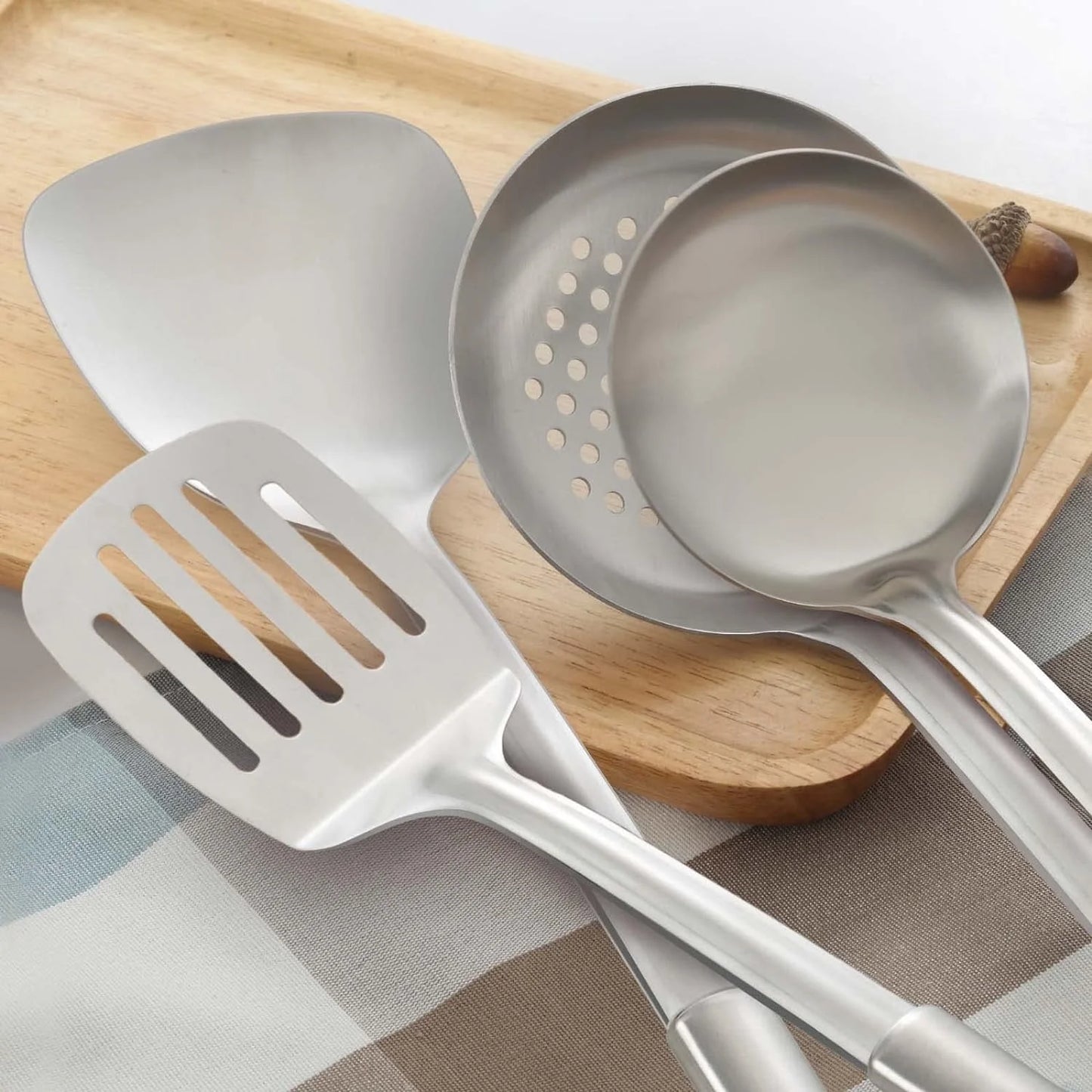 4 Pcs Cooking Utensils Set, 304 Stainless Steel Kitchen Utensils, Include Wok Ladle, Slotted Spoon, Wok Spatula and Slotted Spatula, Dishwasher Safe