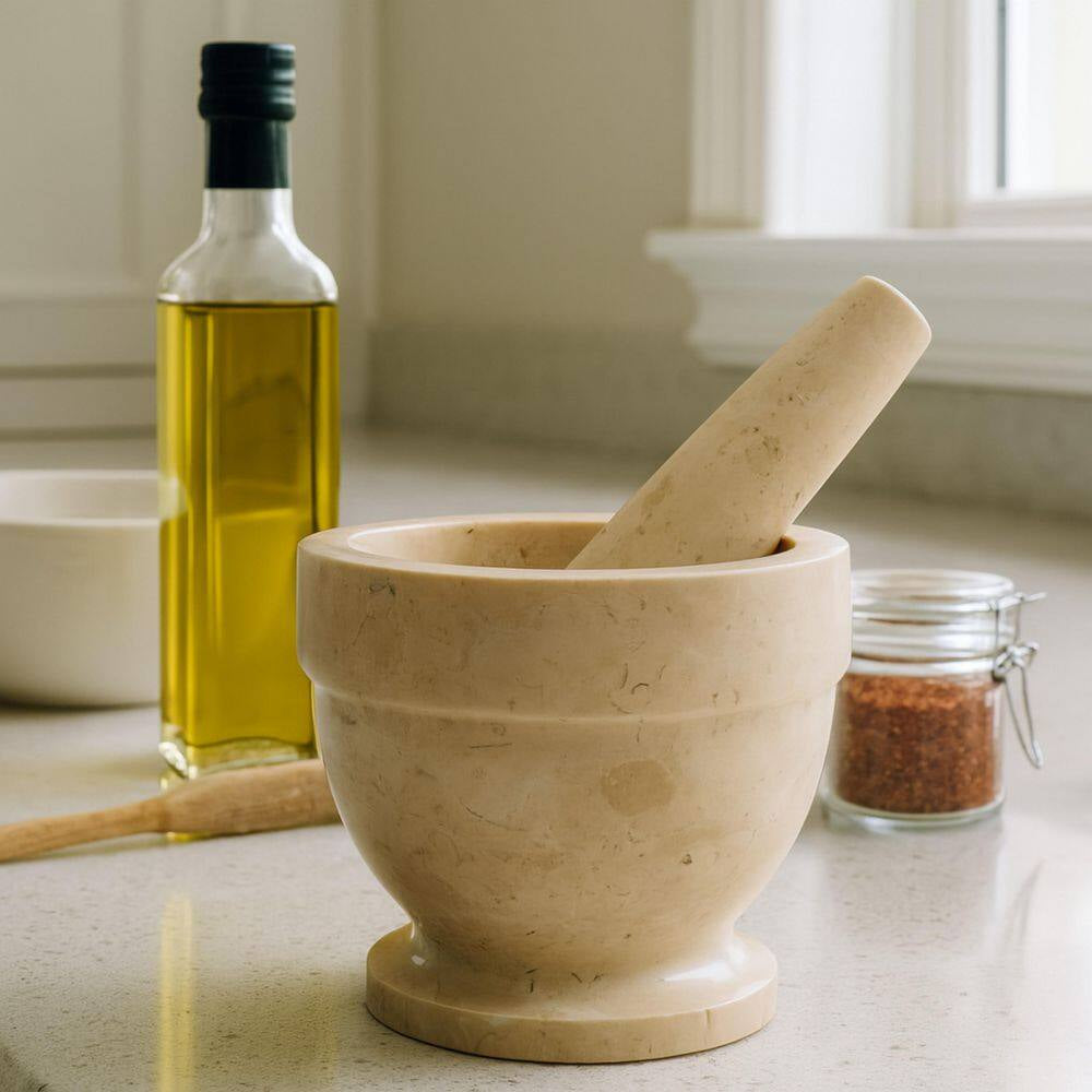 5.9 In. Dia X 5.9 In. H Natural Champagne Marble Mortar and Pestle Set with Spice Grinder