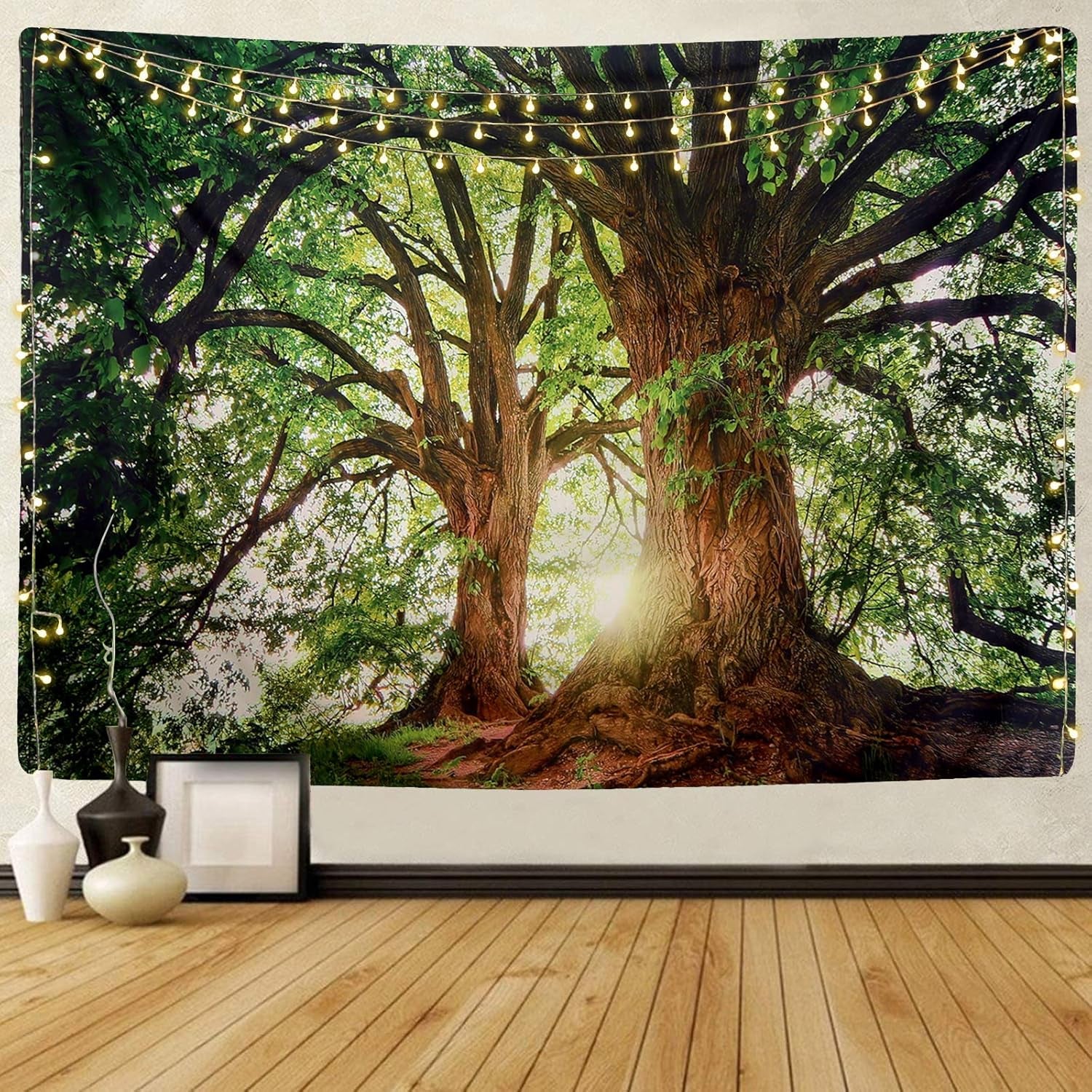Dark Green Landscape Nature Tapestry Home Decor Large Wall Hanging Tree Tapestry Enchanted Forest Backdrop for Bedroom Living Room Indoor Outdoor Decoration (59''L X 51''W)