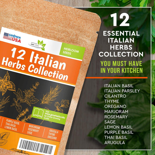 12 Italian Herb Seeds Pack - Heirloom and Non GMO, Grown in USA - Indoor or Outdoor Garden - Four Basil Varieties and Parsley, Cilantro, Rosemary, Thyme, Oregano, Marjoram, Sage, Arugula