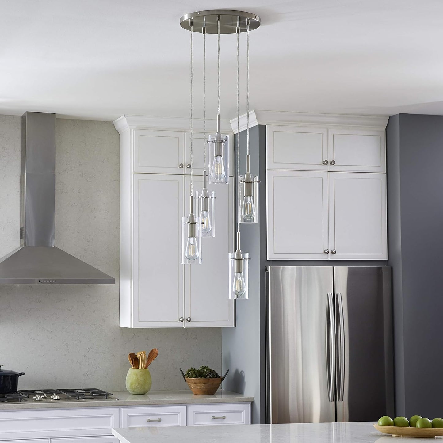 Effimero 5-Light Cluster Pendant Lights Stairwell Lighting Large Chandelier Brushed Nickel Modern Chandelier Light Fixture Foyer Chandeliers Entryway High Ceiling Staircase Lights